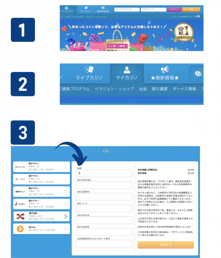 ベラジョンカジノ銀行送金による出金方法