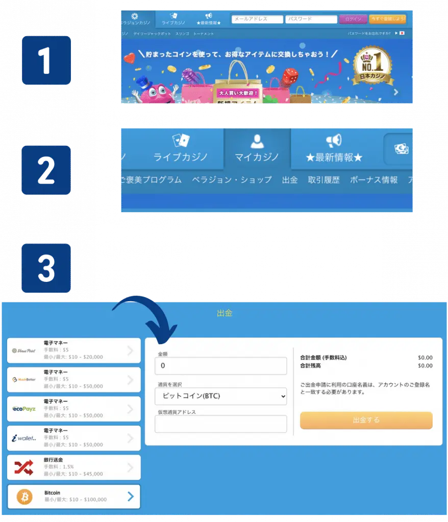 ベラジョンカジノビットコインによる出金方法